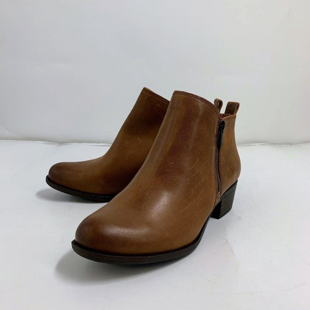 Lucky Brand Women's Basel Leather Side Zip Heeled Ankle Bootie in Toffee Size 9W